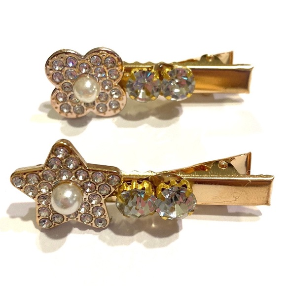 Set Of 4 Rhinestone Hair Clips Barrettes Gold Tone Updos Star Flowers - Picture 6 of 8